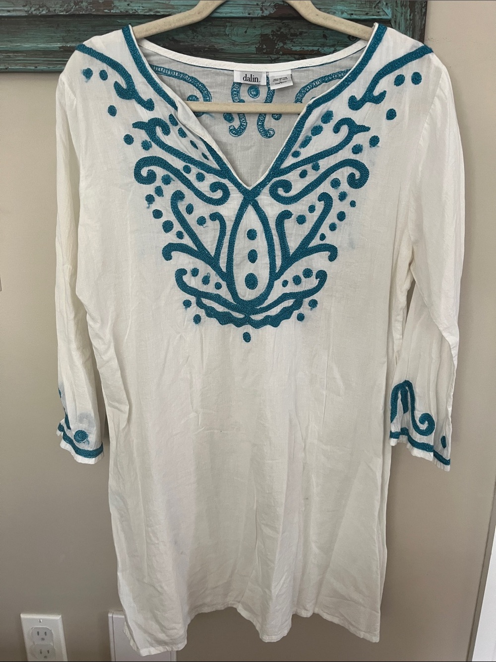 Dalin White & Teal Embroidered Swim Coverup